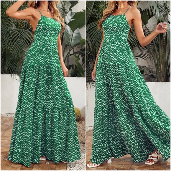 Bohemian Green Floral Print Lace up Back Cami Maxi Dress - Picture 3 of 3
